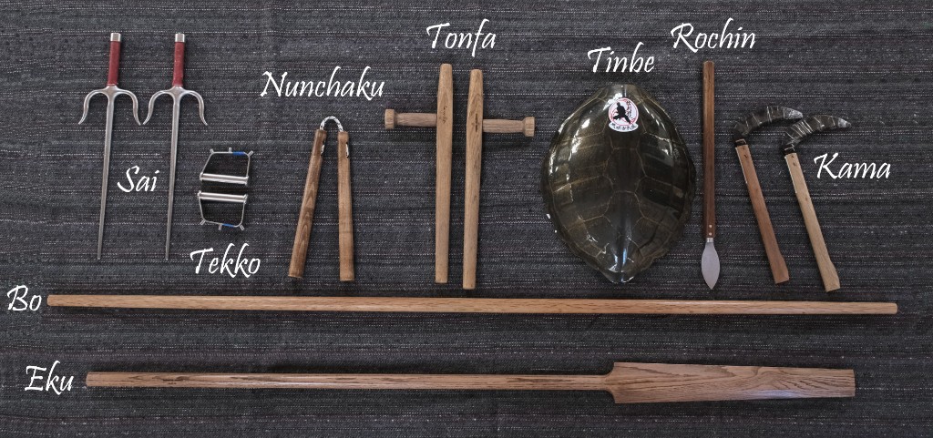 Kobudo weapons: bo, sai, tekko, nunchaku, tonfa, tinbe, rochin, kama and eku